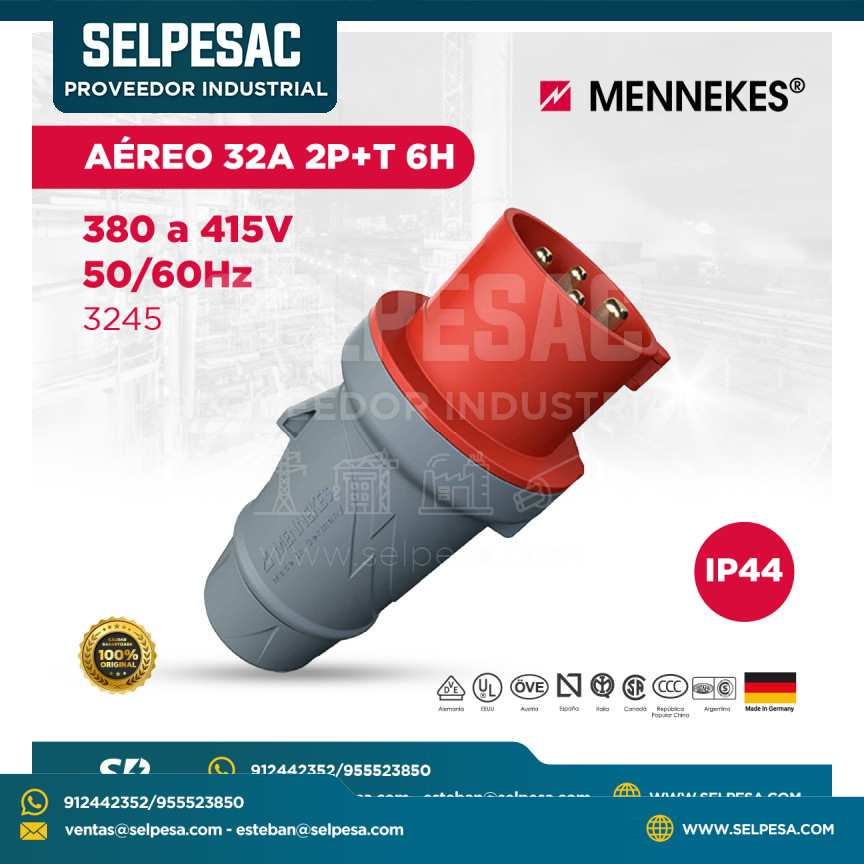 MENNEKES - ENCHUFE AÉREO 32A 2P+T 6H 380 A 415V 50/60HZ 3245