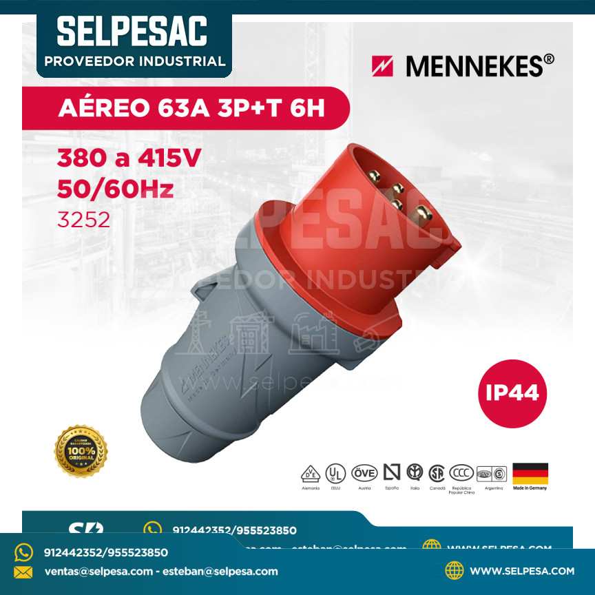MENNEKES - ENCHUFE AÉREO 63A 3P+T 6H 380 A 415V 50/60HZ 3252
