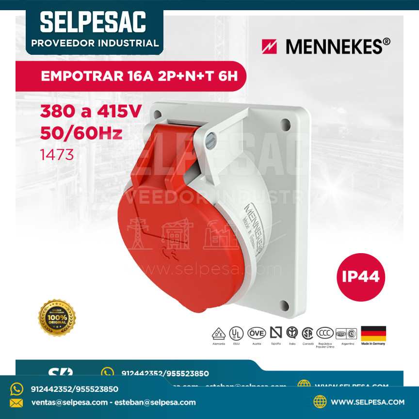 MENNEKES - TOMA PARA EMPOTRAR 380 A 415V 50/60HZ 16A 2P+N+T 6H IP44 - 1473
