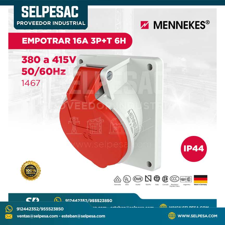 MENNEKES - TOMA PARA EMPOTRAR 380 A 415V 50/60HZ 16A 3P+T 6H IP44 - 1467