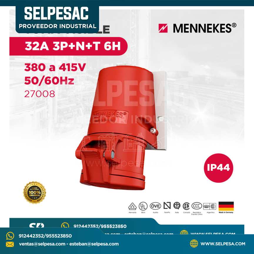 MENNEKES - TOMA VISIBLE 380 A 415V 50/60HZ 32A 3P+N+T 6H IP44 - 27008