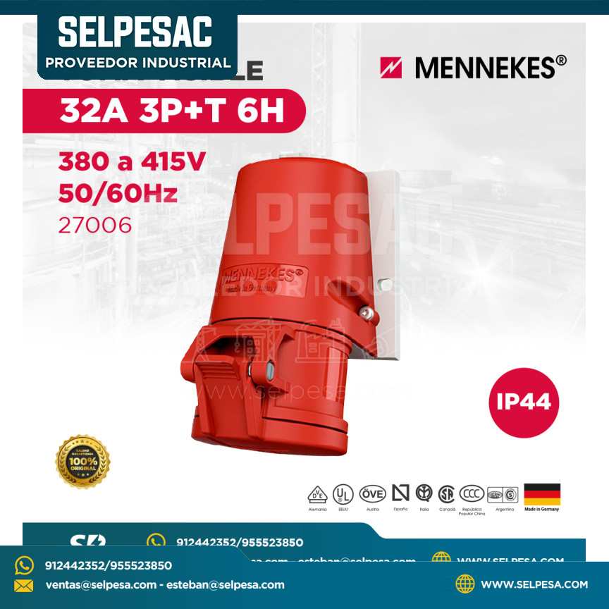 MENNEKES - TOMA VISIBLE 380 A 415V 50/60HZ 32A 3P+T 6H IP44 - 27006