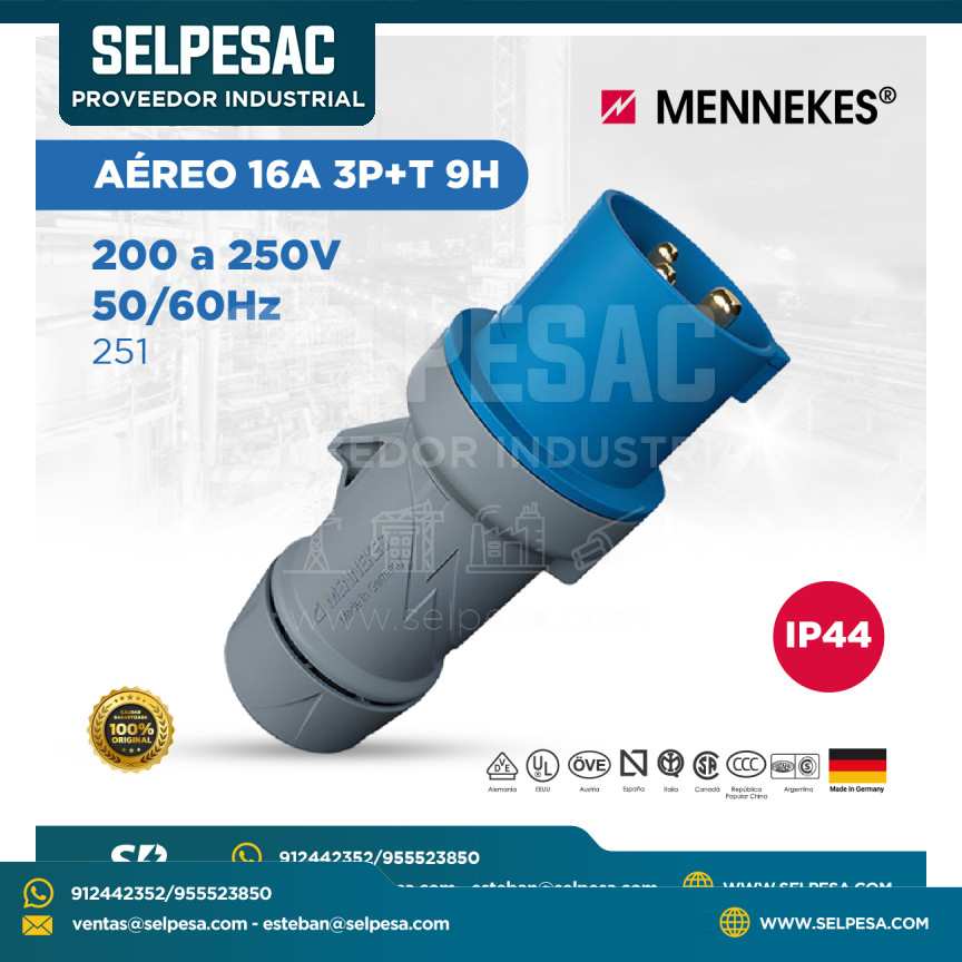 MENNEKES - ENCHUFE AÉREO 200 A 250V 50/60HZ 16A 3P+T 9H IP44 - 251