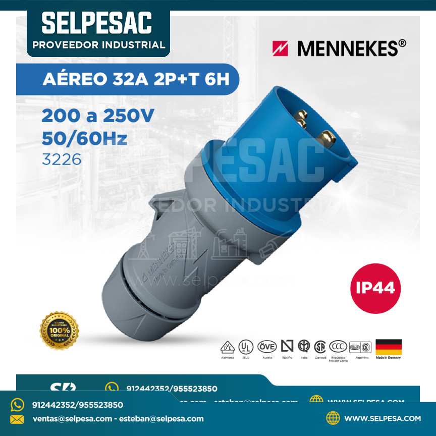 MENNEKES - ENCHUFE AÉREO 200 A 250V 50/60HZ 32A 2P+T 6H IP44 - 3226