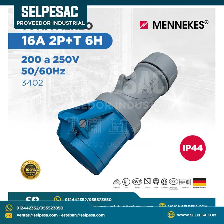 MENNEKES - TOMA AÉREO 200 A 250V 50/60HZ 16A 2P+T 6H IP44 - 3402