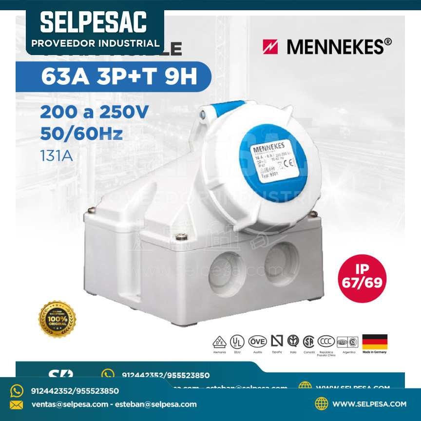 MENNEKES - TOMA VISIBLE 200 A 250V 50/60HZ 63A 3P+T 9H IP67/69 131A