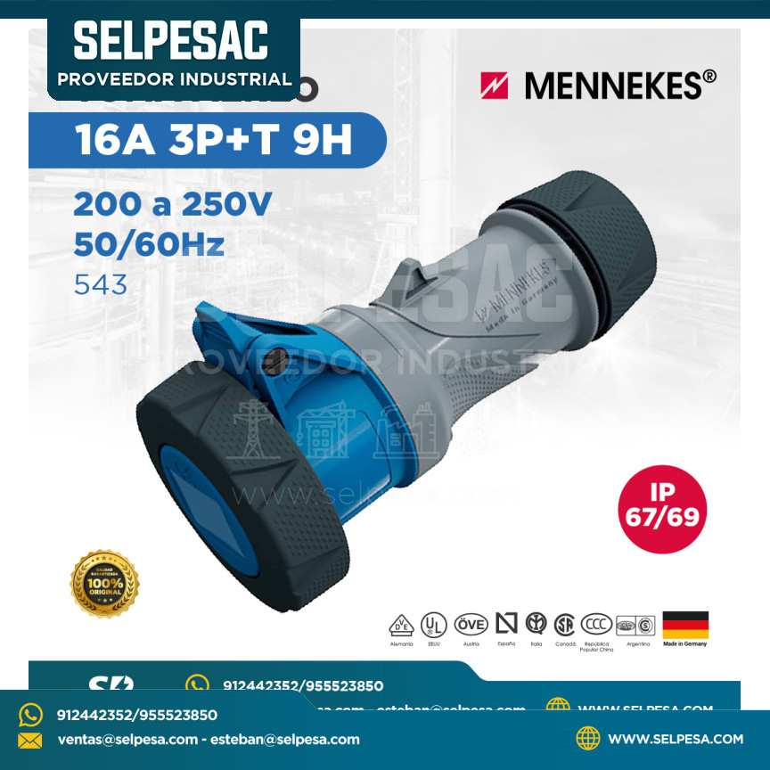 MENNEKES - TOMA AÉREO 200 A 250V 50/60HZ  16A 3P+T 9H IP67/69 - 543
