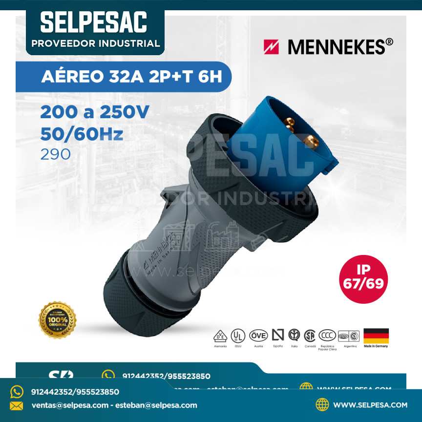 MENNEKES - ENCHUFE AÉREO 200 A 250V 50/60HZ 32A 2P+T 6H IP67/69 - 290