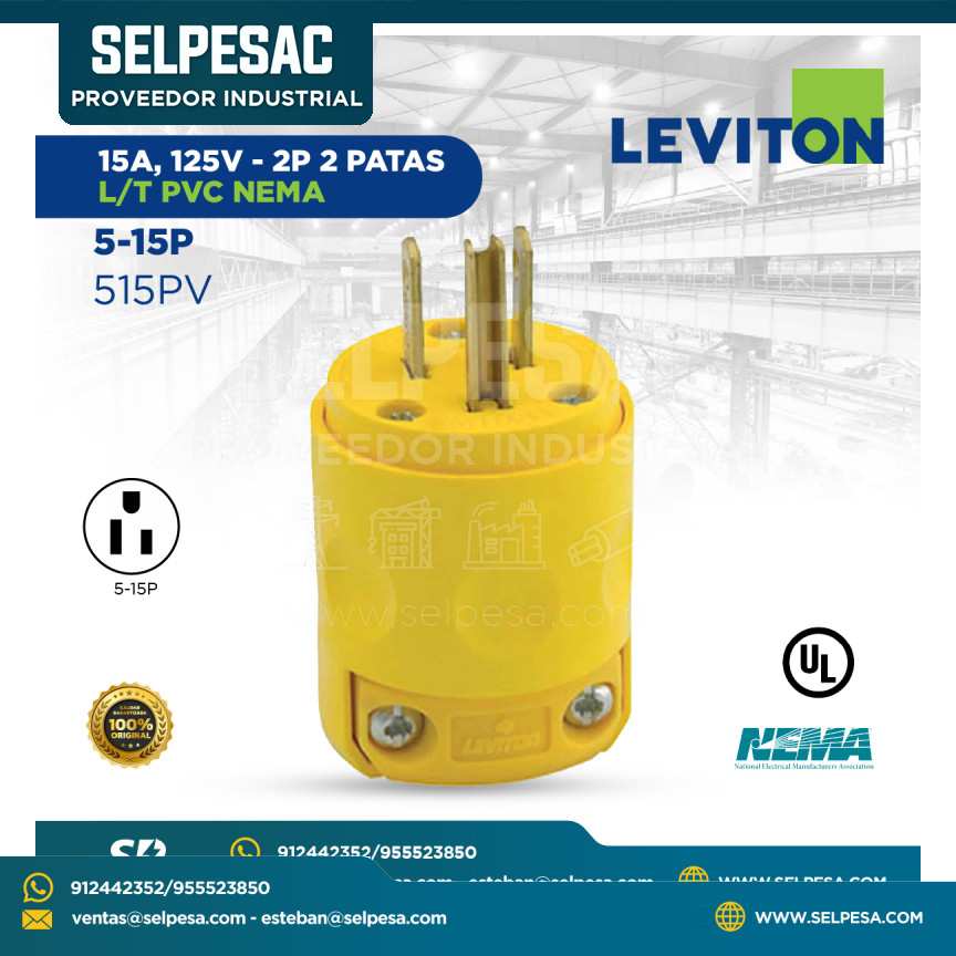 LEVITON - ENCHUFE 15A 125V 2P 2 PATAS L/T PVC NEMA 5-15P - 515PV