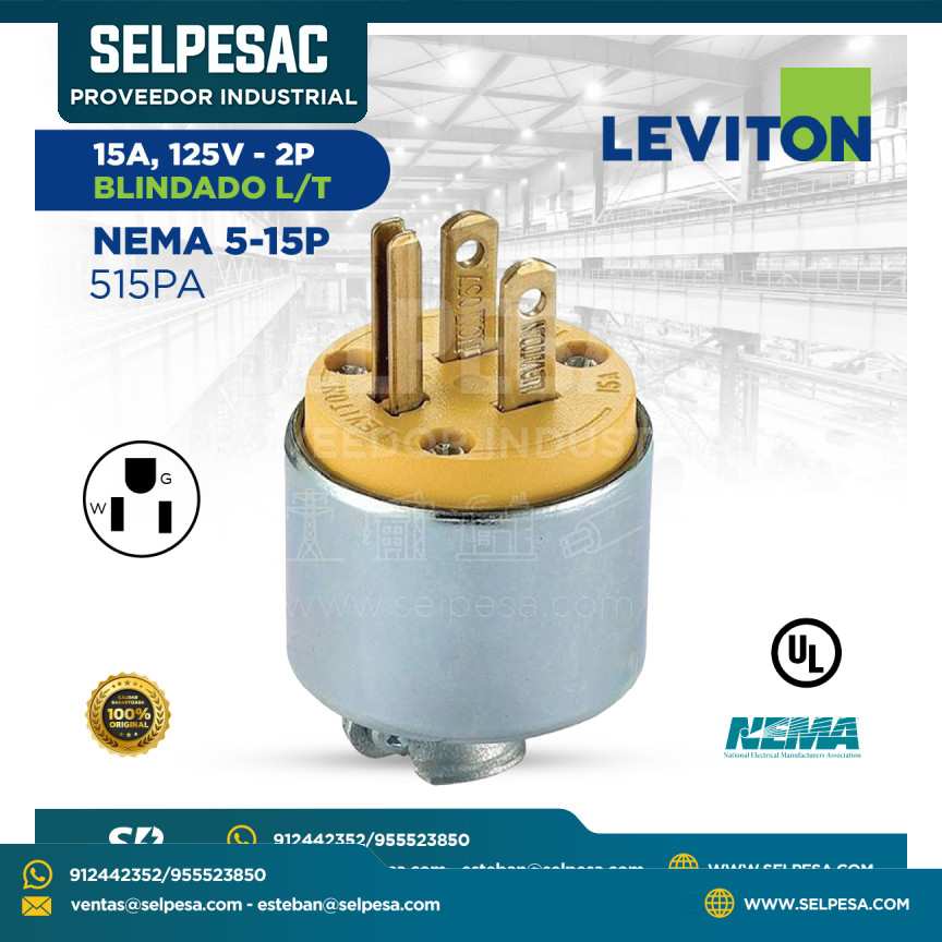 LEVITON - ENCHUFE 15A 125V 2P BLINDADO L/T NEMA 5-15P - 515PA