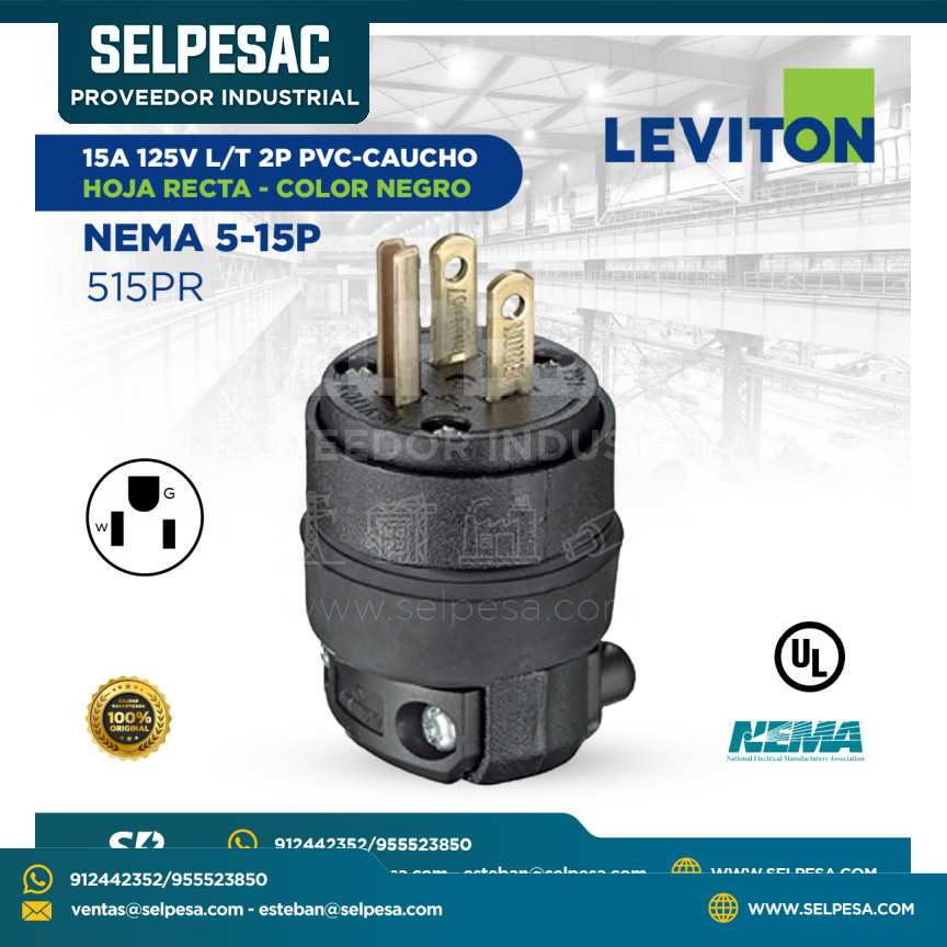 LEVITON - ENCHUFE 15A 125V L-T 2P PVC CAUCHO HOJA RECTA COLOR NEGRO NEMA 5-15P - 515PR