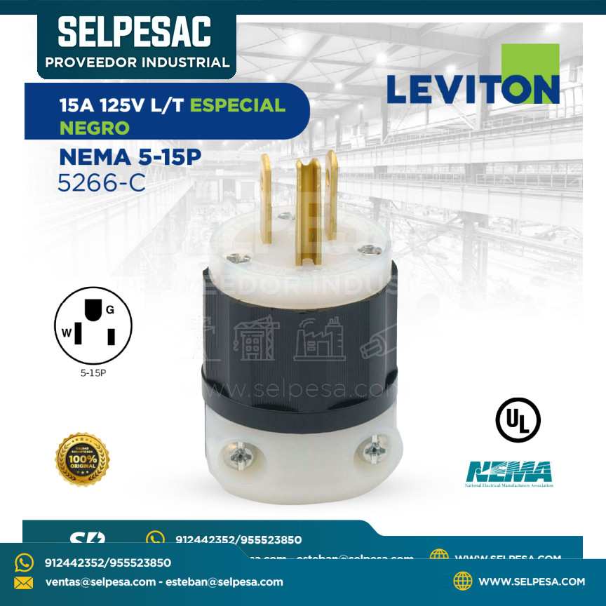 LEVITON - ENCHUFE 15A 125V L-T ESPECIAL NEGRO NEMA 5-15P 5266-C