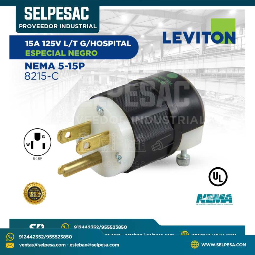 LEVITON - ENCHUFE 15A 125V L/T GRADO HOSPITAL ESPECIAL NEMA 5-15P - 8215-C
