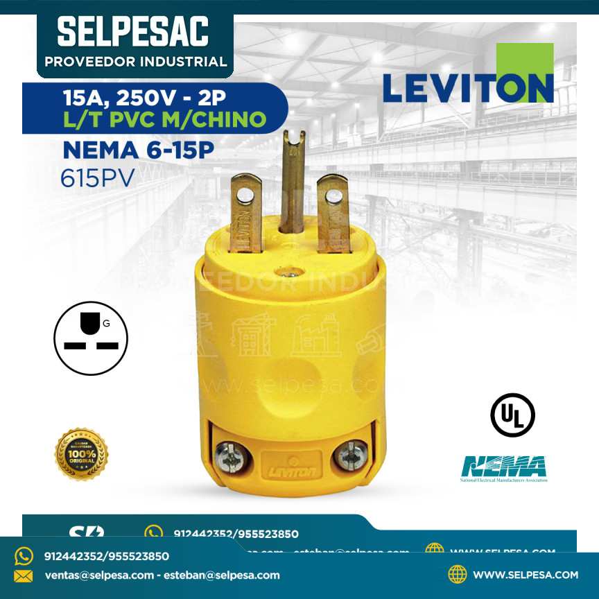 LEVITON - ENCHUFE 15A 250V 2P L/T  PVC M/CHINO NEMA 6-15P - 615PV