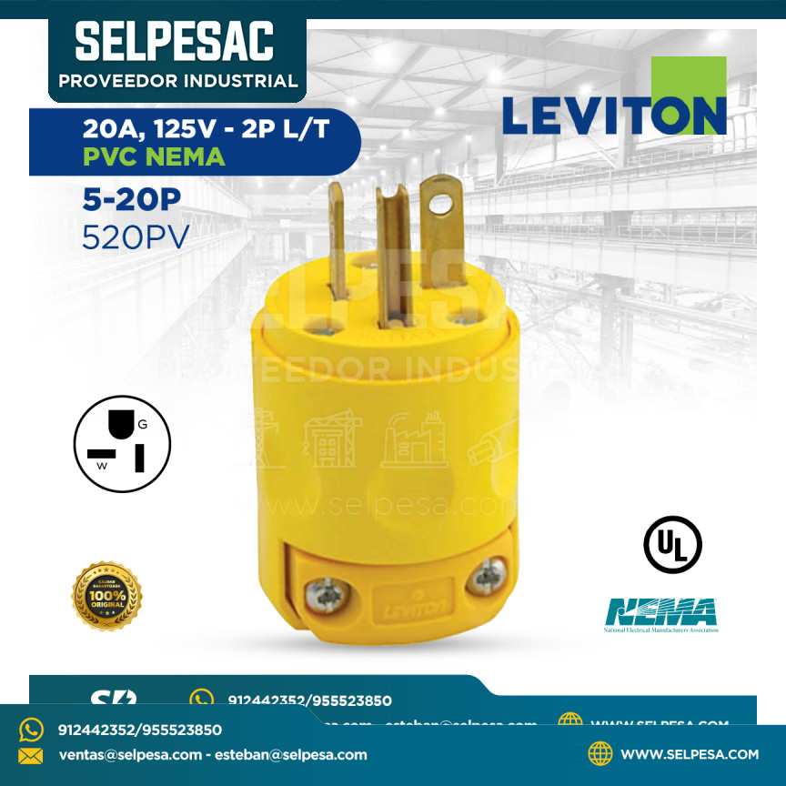 LEVITON - ENCHUFE 20A 125V 2P L/T PVC NEMA 5-20P - 520PV