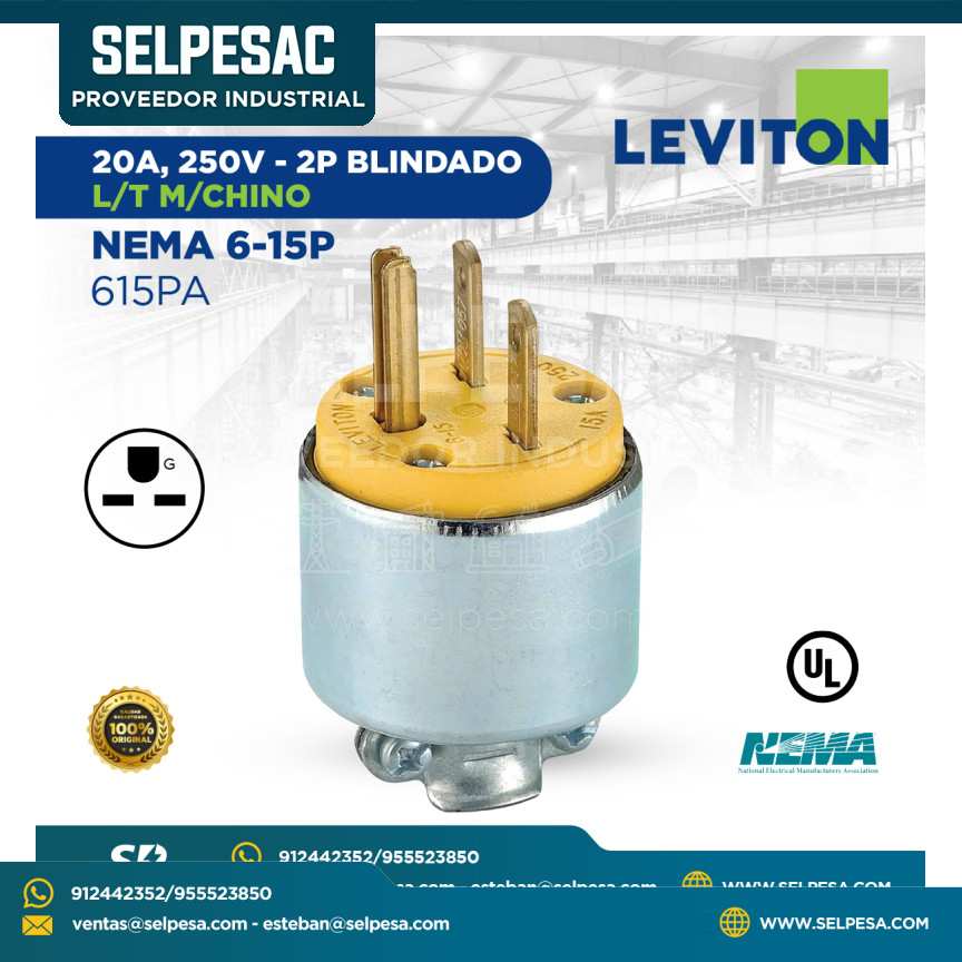 LEVITON - ENCHUFE 20A 250V - 2P BLINDADO L/T M/CHINO NEMA 6-15P - 615PA