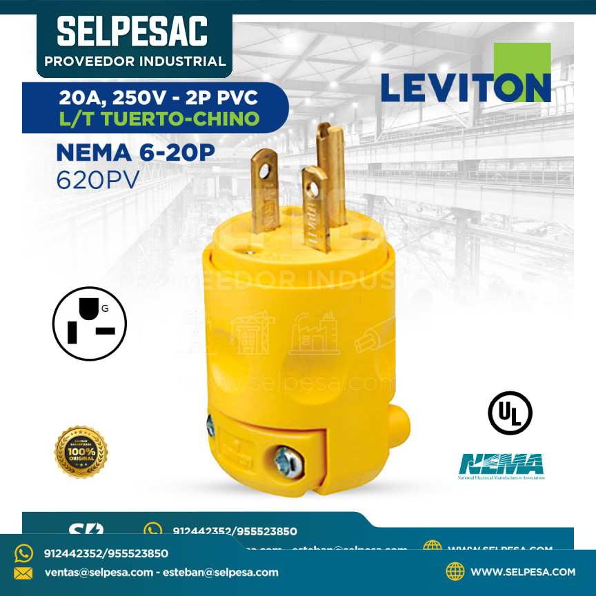 LEVITON - ENCHUFE 20A 250V 2P PVC L/T TUERTO CHINO NEMA 6-20P - 620PV