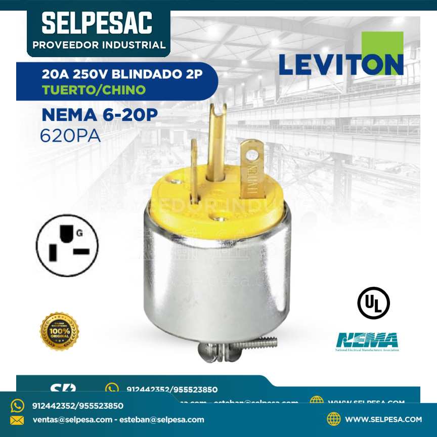 LEVITON - ENCHUFE 20A 250V BLINDADO 2P TUERTO/CHINO NEMA 6-20P - 620PA