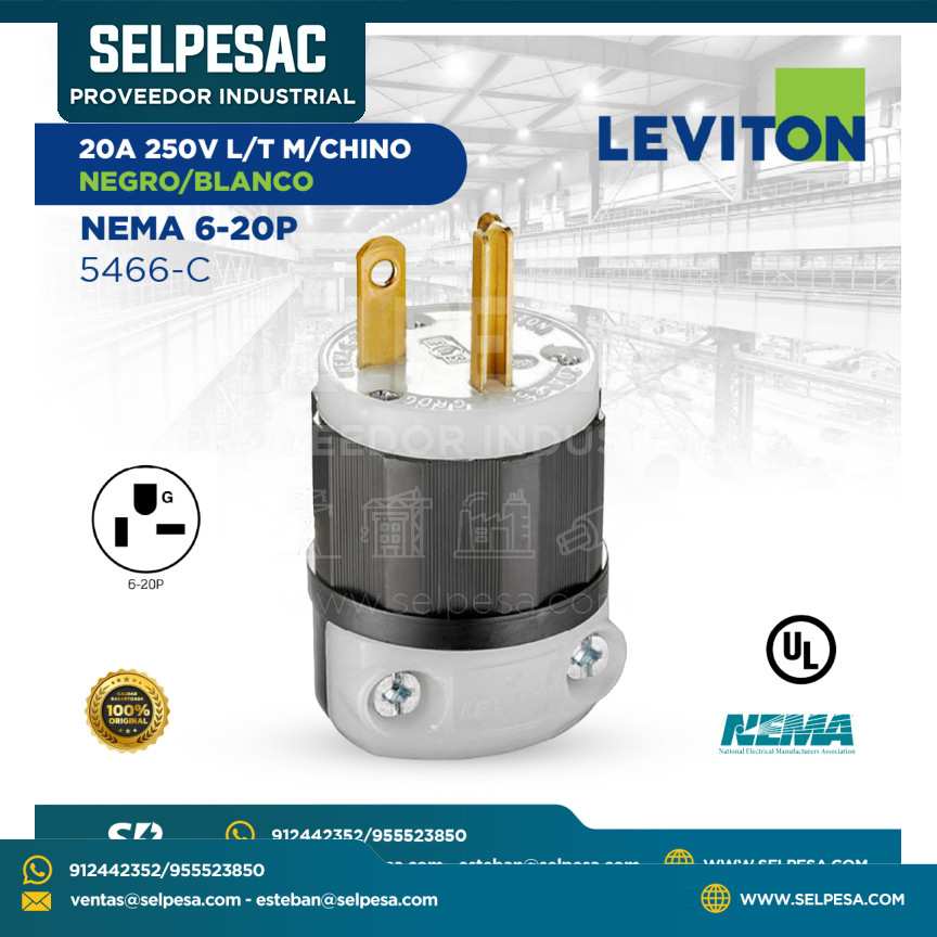 LEVITON - ENCHUFE 20A 250V L/T M-CHINO NEGRO/BLANCO NEMA 6-20P - 5466-C