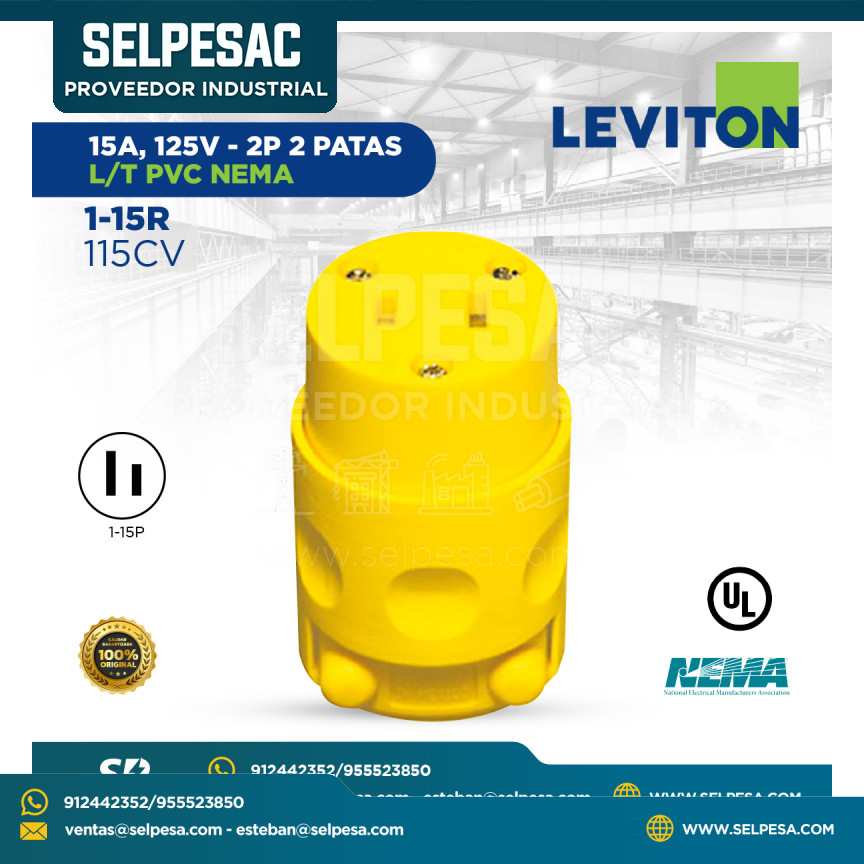 LEVITON - CONECTOR 15A 125V 2P 2 PATAS L/T NEMA 1-15R 115CV
