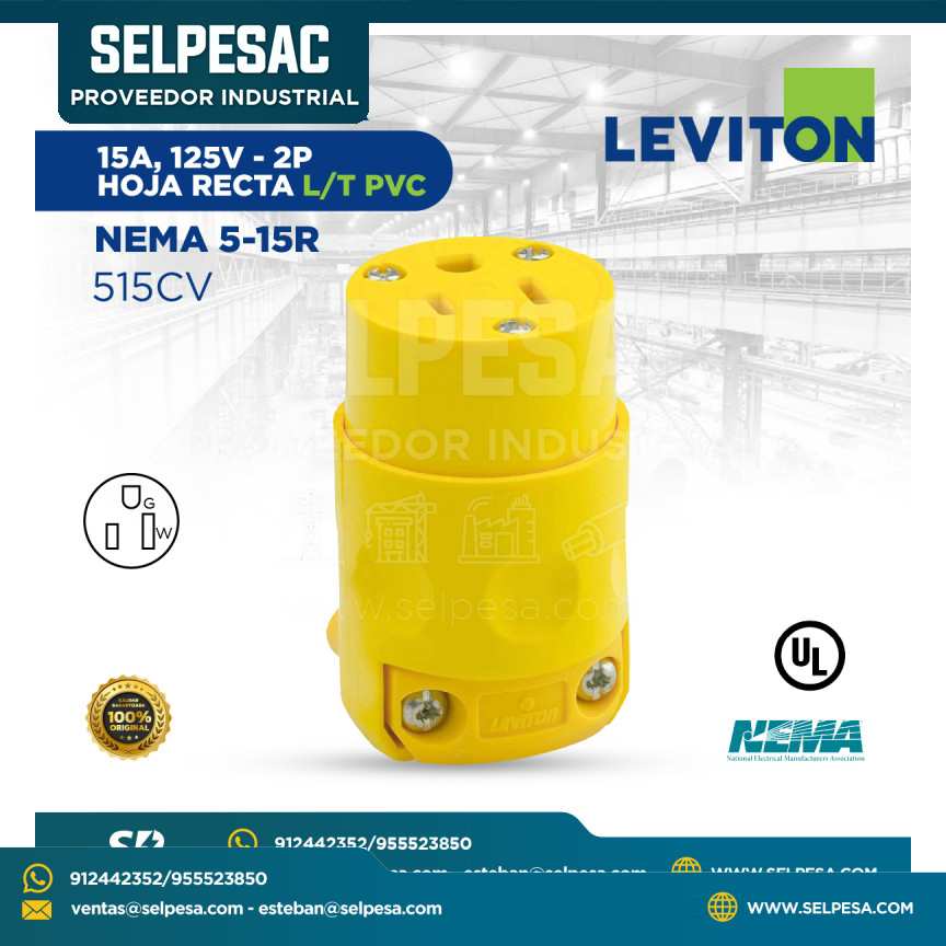 LEVITON - CONECTOR 15A 125V 2P HOJA RECTA L/T PVC NEMA 5-15R - 515CV