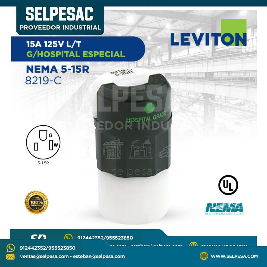 LEVITON - CONECTOR 15A 125V L/T GRADO HOSPITAL ESPECIAL NEMA 5-15R 8219-C