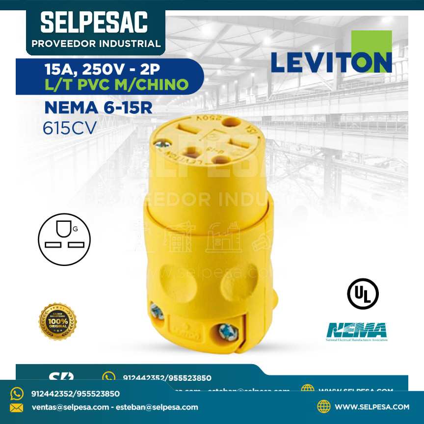 LEVITON - CONECTOR 15A 250V - 2P L/T PVC M/CHINO NEMA 6-15R - 615CV