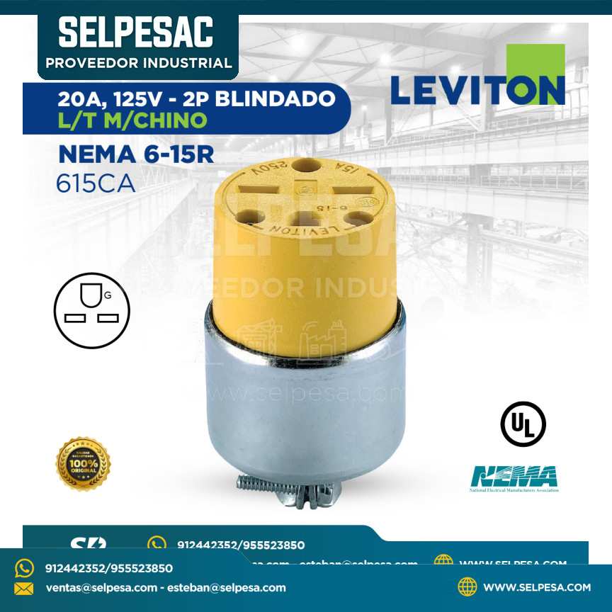 LEVITON - CONECTOR 20A 125V - 2P BLINDADO L/T M/CHINO NEMA 6-15R - 615CA