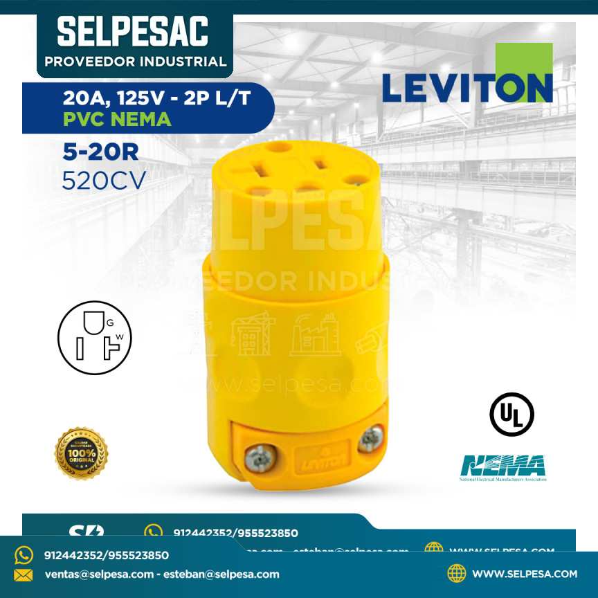 LEVITON - CONECTOR 20A 125V 2P L/T PVC NEMA 5-20R - 520CV