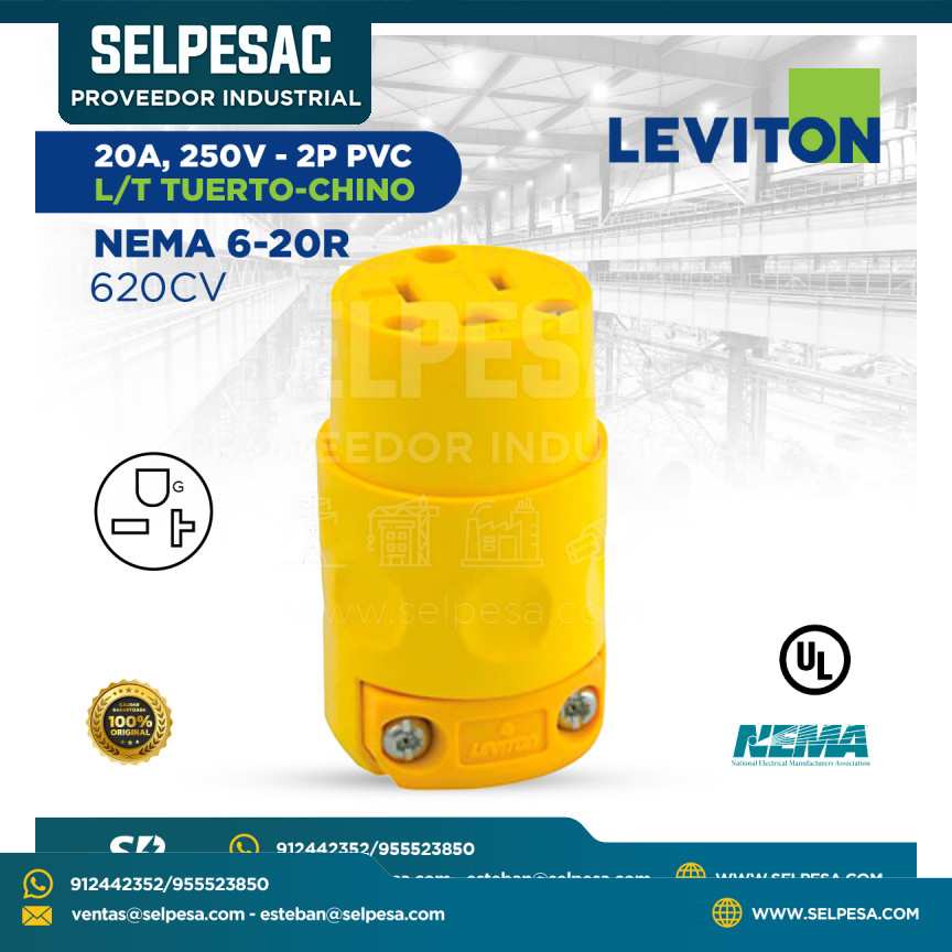 LEVITON - CONECTOR 20A 250V 2P PVC L/T TUERTO CHINO NEMA 6-20R - 620CV