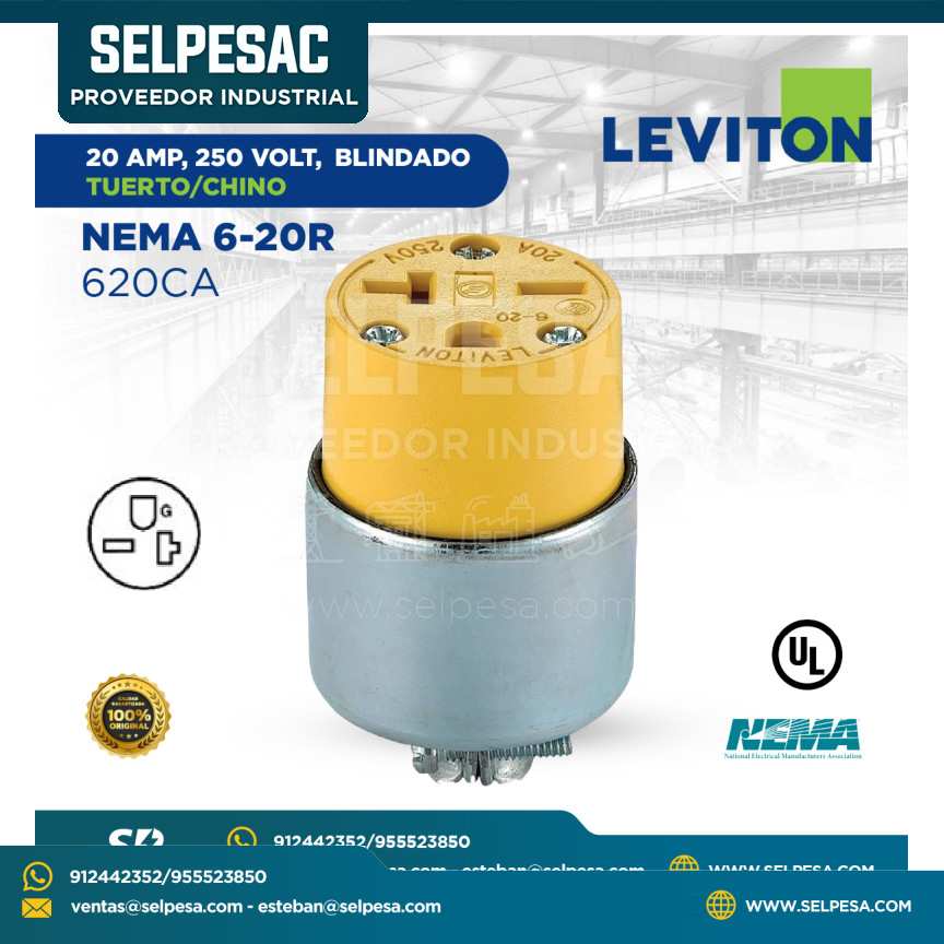 LEVITON - CONECTOR 20A 250V BLINDADO TUERTO - CHINO NEMA 6-20R 620CA
