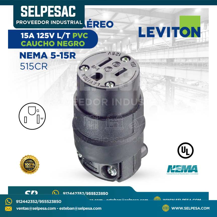 LEVITON - CONECTOR AÉREO 15A 125V L/T PVC CAUCHO NEGRO NEMA 5-15R - 515CR