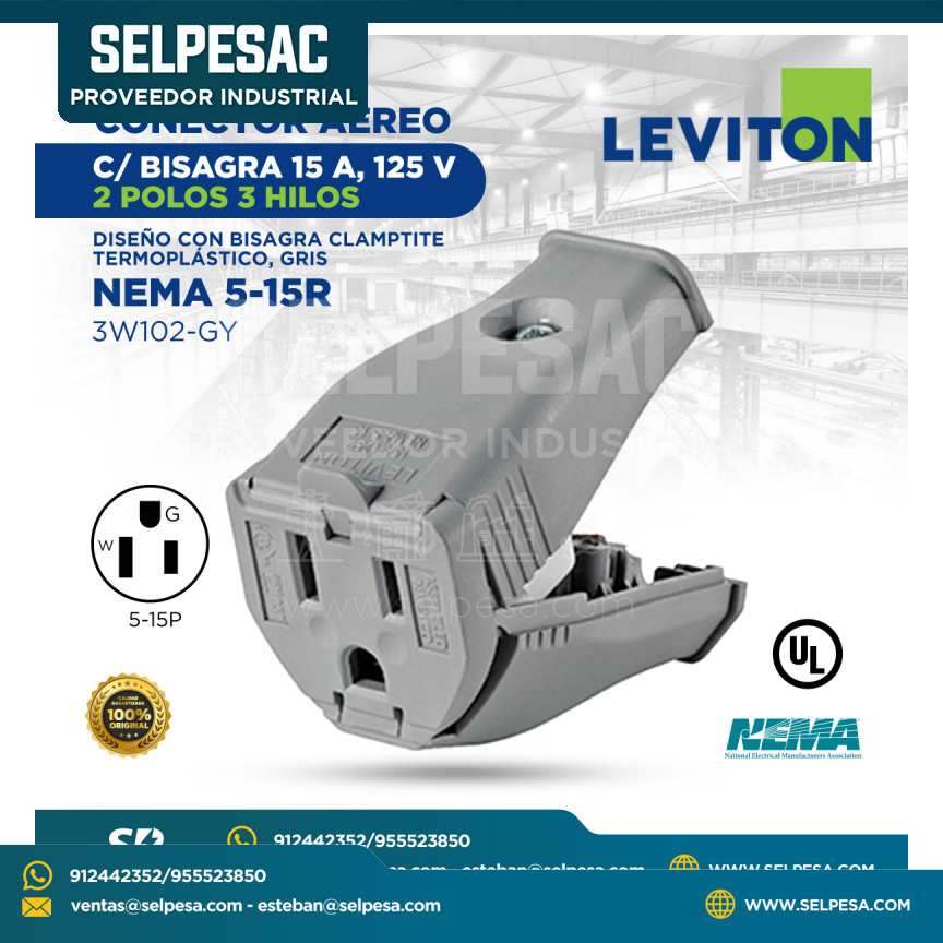 LEVITON - CONECTOR AÉREO C/BISAGRA 15A 125V 2 POLOS 3 HILOS NEMA 5-15R - 3W102-GY