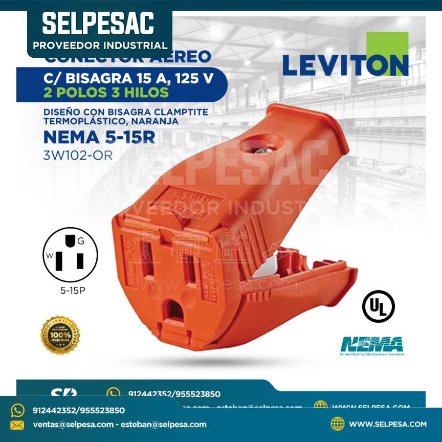 LEVITON - CONECTOR AÉREO C/BISAGRA 15A 125V 2 POLOS 3 HILOS NEMA 5-15R - 3W102-OR