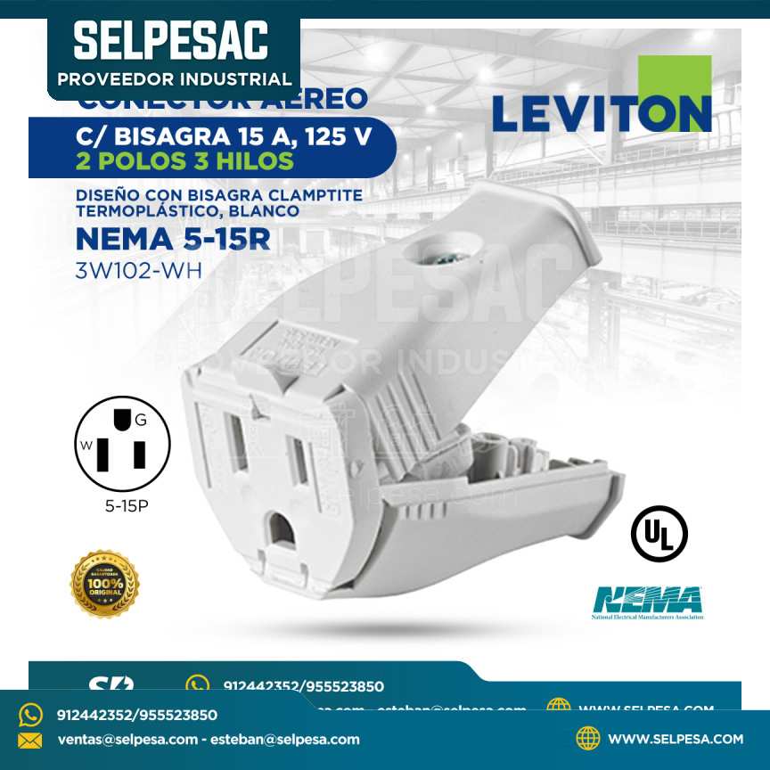LEVITON - CONECTOR AÉREO C/BISAGRA 15A 125V 2 POLOS 3 HILOS NEMA 5-15R - 3W102-WH