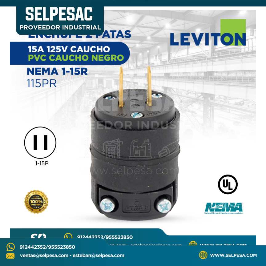 LEVITON - ENCHUFE 2 PATAS 15A 125V CAUCHO PVC CAUCHO NEGRO NEMA 1-15R - 115PR