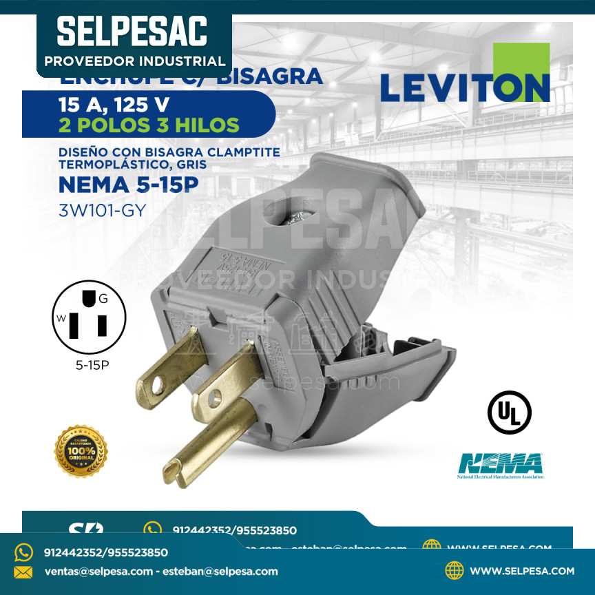 LEVITON - ENCHUFE C/BISAGRA 15A 125V 2 POLOS 3 HILOS NEMA5 15P 3W101-GY