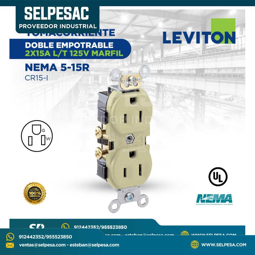 LEVITON - TOMACORRIENTE DOBLE EMPOTRABLE 2X15 L/T 125V MARFIL NEMA 5-15R CR15-I