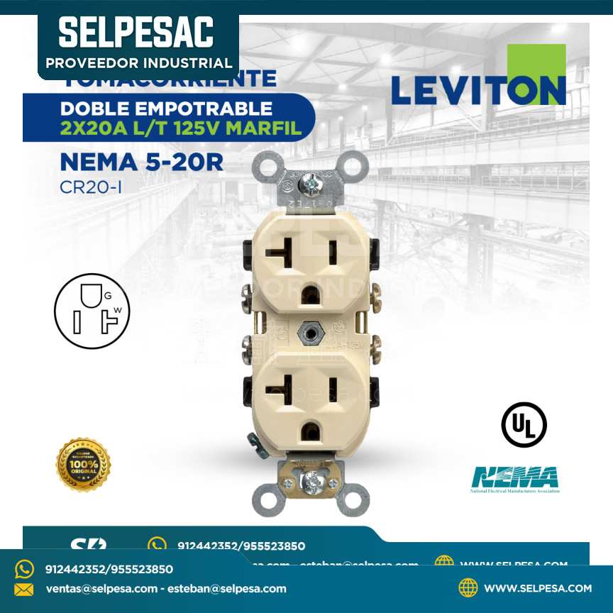 LEVITON - TOMACORRIENTE DOBLE EMPOTRABLE 2X20A L/T 125V MARFIL NEMA 5-20R CR20-I