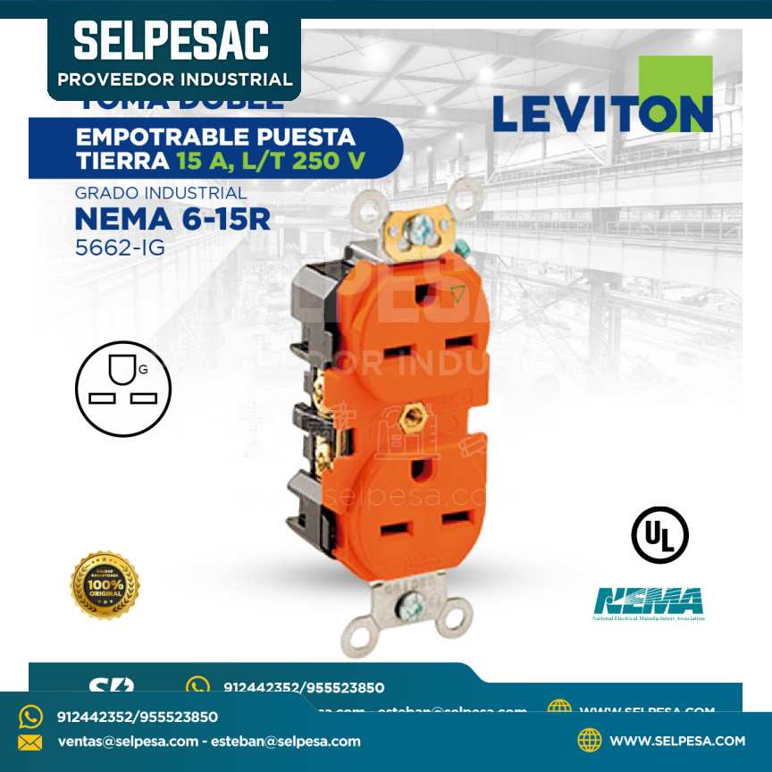LEVITON - TOMA DOBLE EMPOTRABLE PUESTA TIERRA 15A, L/T 250V GRADO INDUSTRIAL NEMA 6-15R 5662-IG