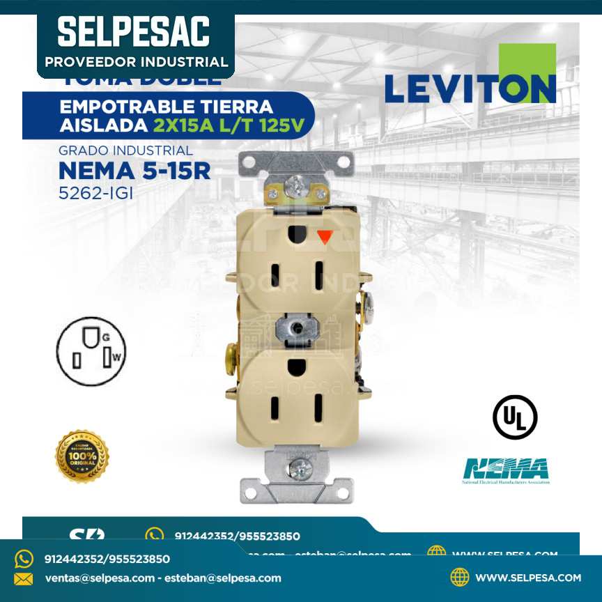 LEVITON - TOMA DOBLE EMPOTRABLE TIERRA AISLADA 2X15 L/T 125V GRADO INDUSTRIAL NEMA 5-15R 5262-IGI