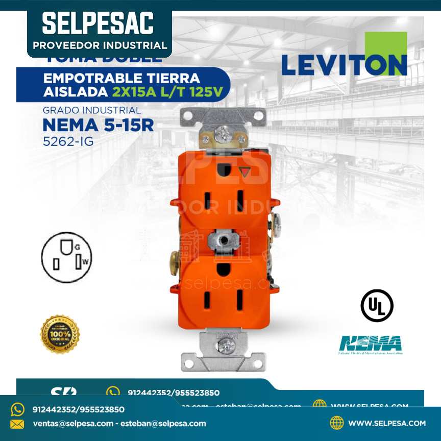 LEVITON - TOMA DOBLE TIERRA AISLADA 2X15A, L-T 125V NARANJA GRADO HOSPITAL NEMA 5-15R 5262-IG