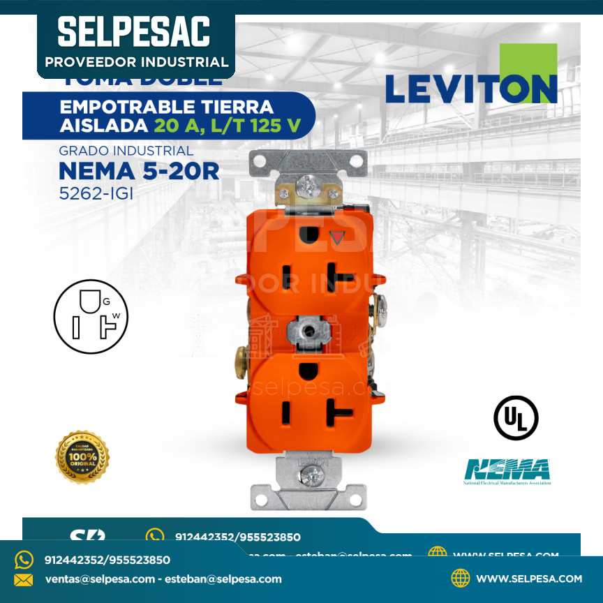 LEVITON - TOMA DOBLE EMPOTRBALE TIERRA AISLADA 20A, L/T 125V GRADO INDUSTRIAL NEMA 5-20R 5362-IG