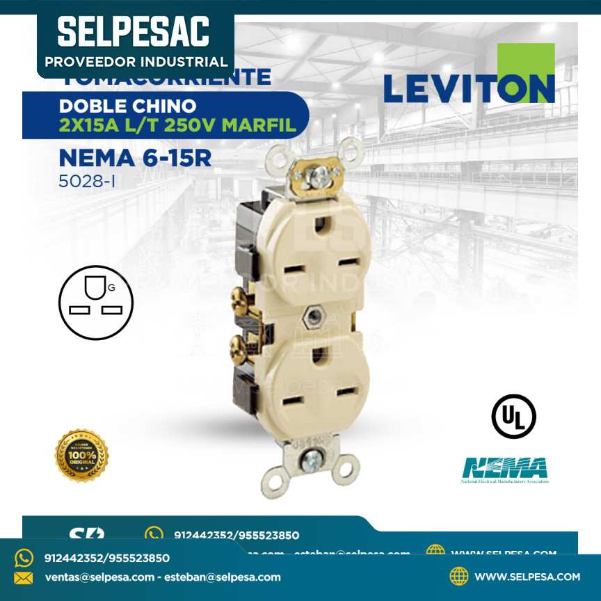 LEVITON - TOMACORRIENTE DOBLE CHINO 2X15 L/T 250V MARFIL NEMA 6-15R 5028-I