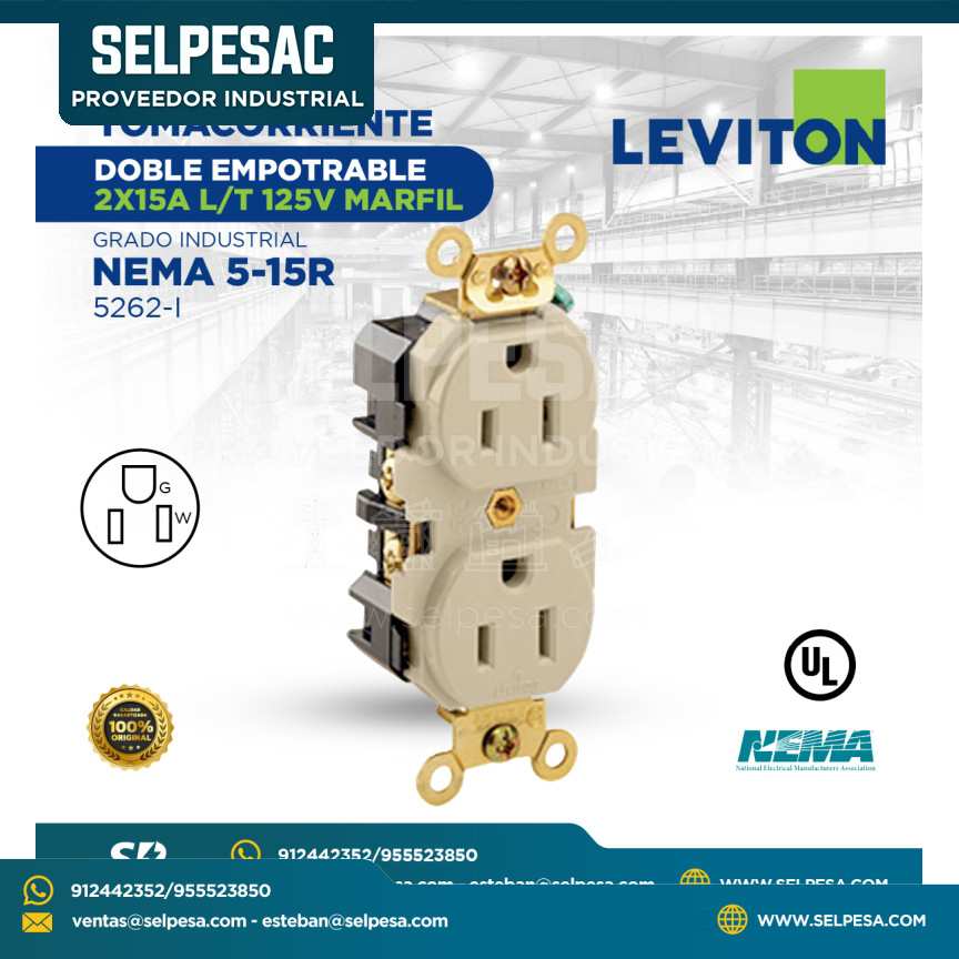 LEVITON - TOMACORRIENTE DOBLE EMPOTRABLE 2X15 L/T 125V MARFIL NEMA 5-15R 5262-I