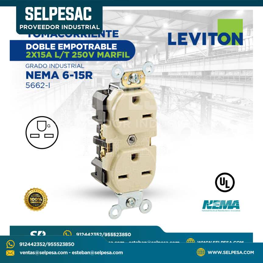 LEVITON - TOMACORRIENTE DOBLE EMPOTRABLE 2X15A L/T 250V MARFIL NEMA 6-15R 5662-I