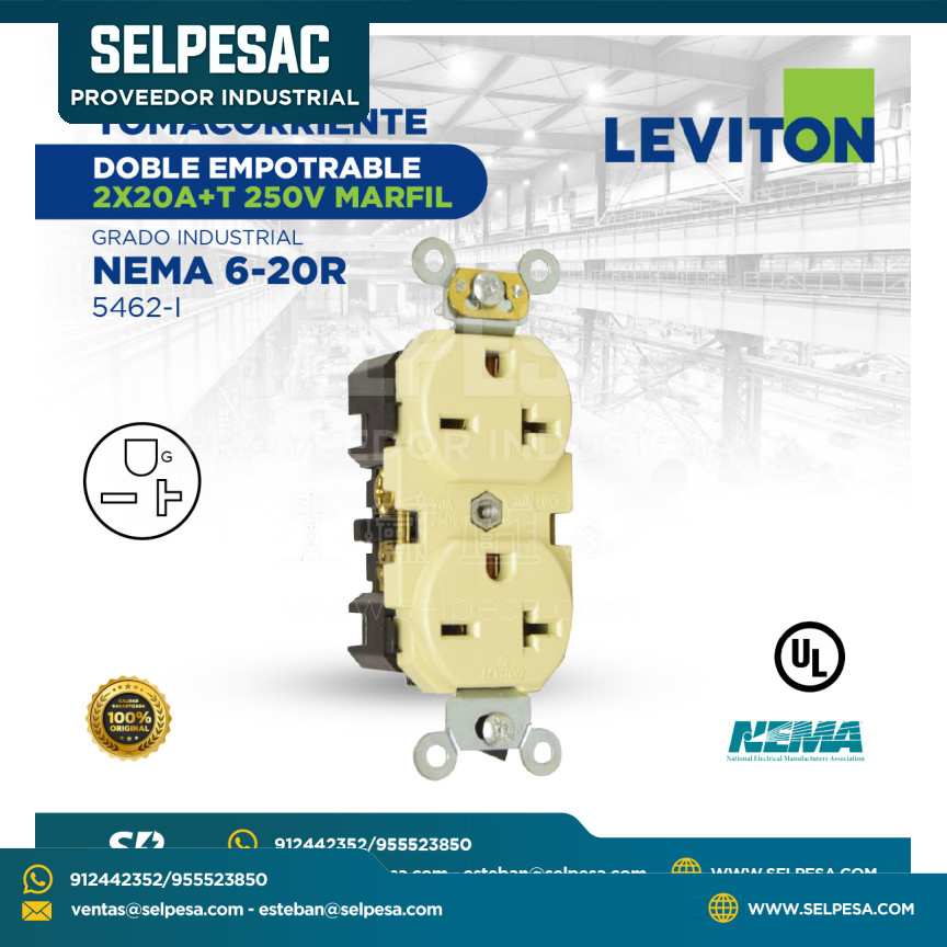 LEVITON - TOMACORRIENTE DOBLE EMPOTRABLE 2X20A+T 250V MARFIL NEMA 6-20R 5462-I