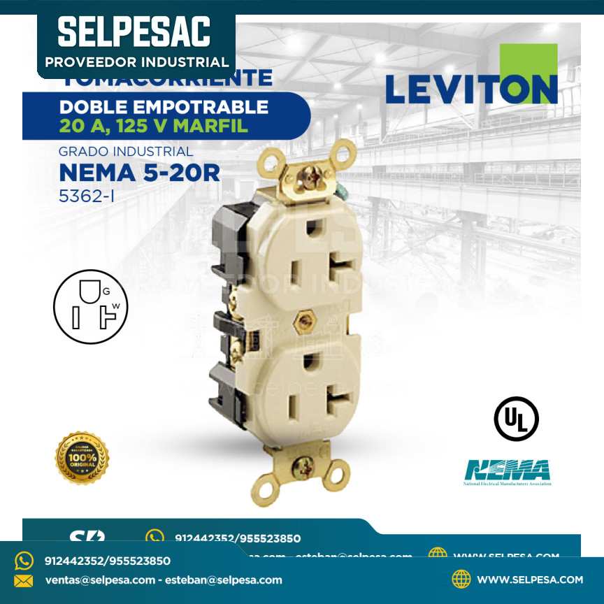 LEVITON - TOMACORRIENTE DOBLE EMPOTRABLE 20A, 250V MARFIL NEMA 5-20R 5362-I