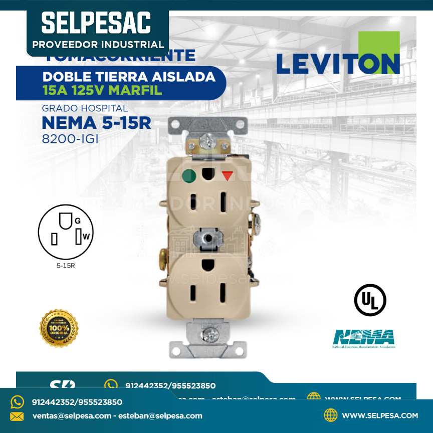 LEVITON - TOMACORRIENTE DOBLE TIERRA AISLADA 15A, 125V MARFIL GRADO HOSPITAL NEMA 5-15R 8200-IGI