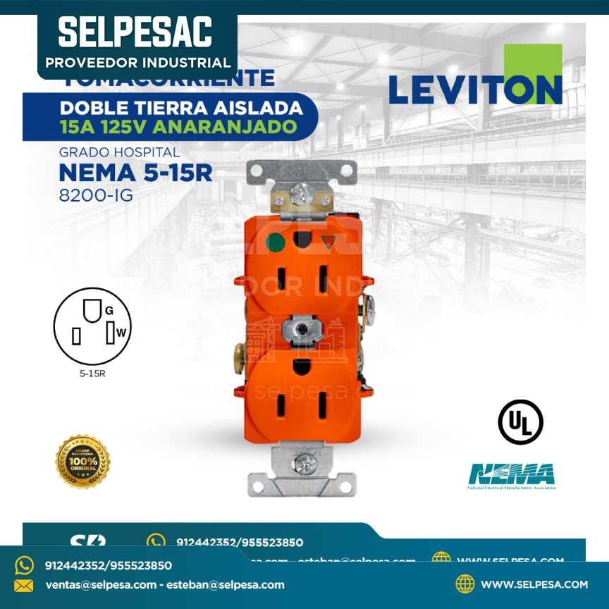 LEVITON - TOMACORRIENTE DOBLE TIERRA AISLADA 15A, 125V NARANJA GRADO HOSPITAL NEMA 5-15R 8200-IG